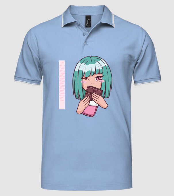 Anime fată cu ciocolată model albastru deschis pe tricou