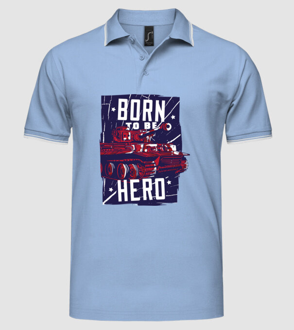 Born To be A Hero cu tanc model albastru deschis pe tricou
