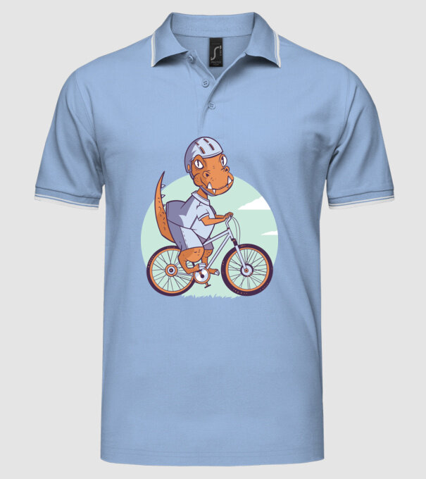Dinozaur de T-Rex cu bicicletă model albastru deschis pe tricou
