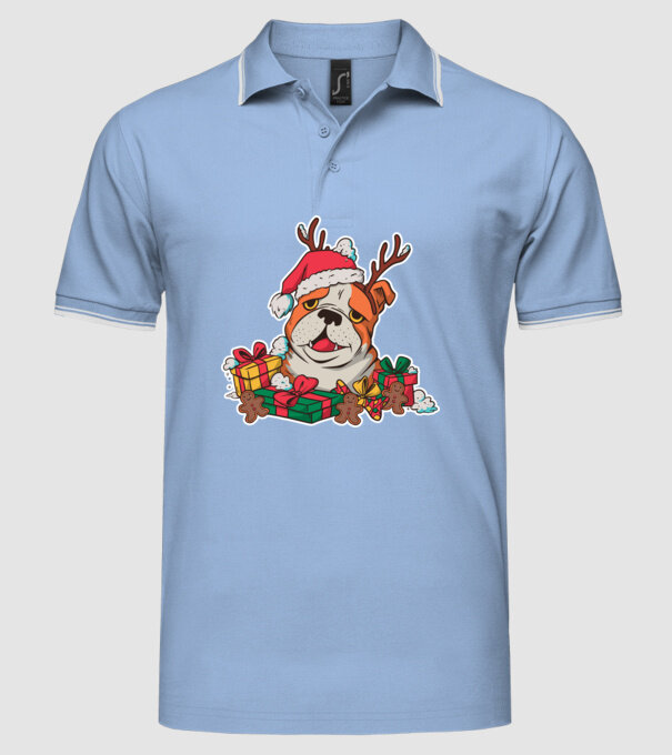 Bulldog de Crăciun model albastru deschis pe tricou