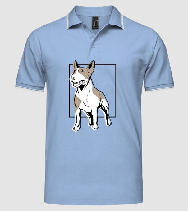 Tricou cu Câine Bull Terrier model albastru deschis pe tricou