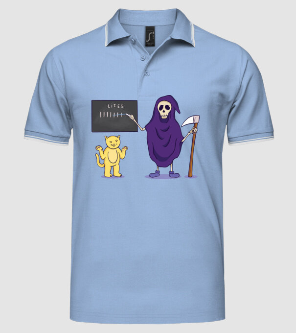 Cele 9 vieți ale pisicii model albastru deschis pe tricou