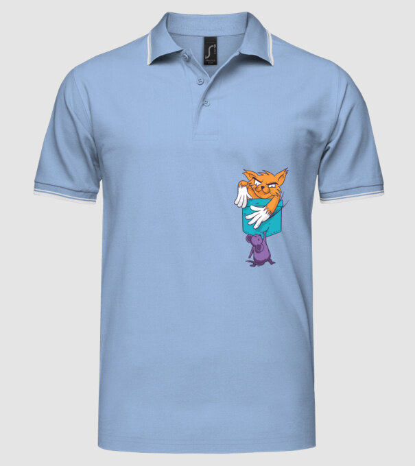 Pisică cu șoarece buzunar model albastru deschis pe tricou