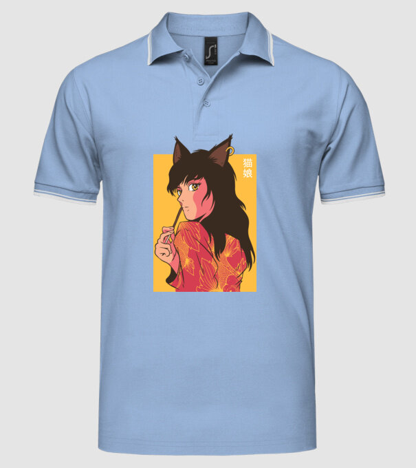 Pisică Fată Anime model albastru deschis pe tricou