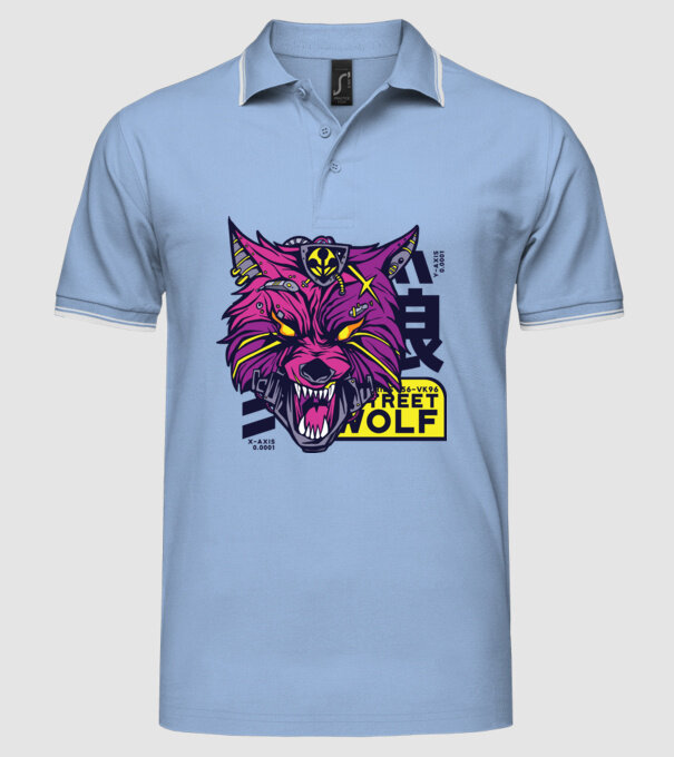 Cap de lup Cyberpunk model albastru deschis pe tricou