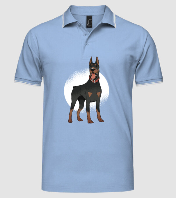 Tricou cu câine dobermann model albastru deschis pe tricou