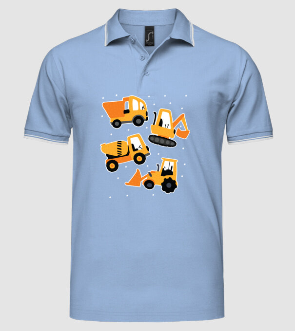 Vehicule de construcții model albastru deschis pe tricou