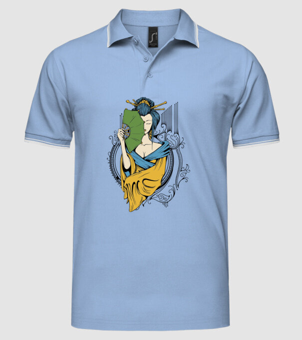 Geisha cu evantai 2 model albastru deschis pe tricou