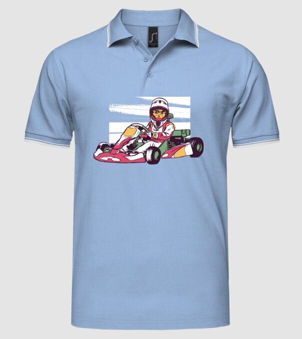 Pisică gokart model albastru deschis pe tricou