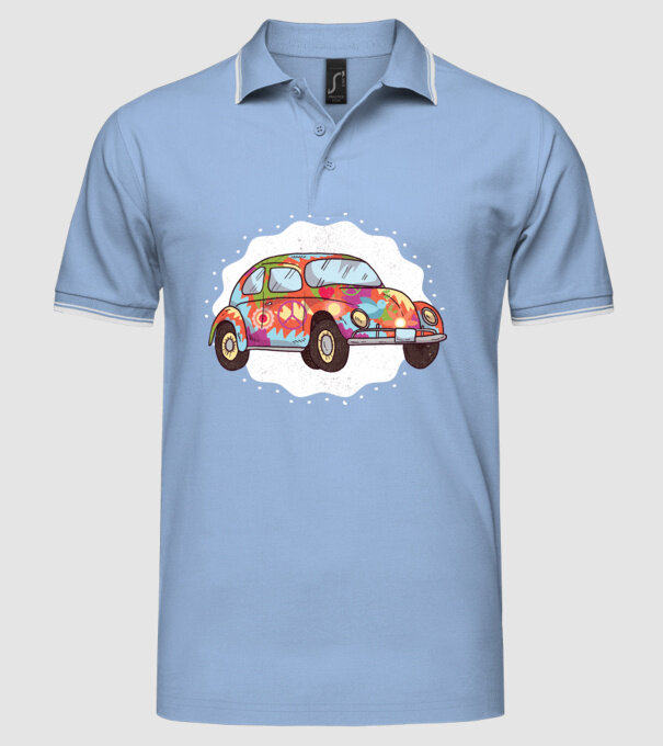 Hippy Beetle Volkswagen model albastru deschis pe tricou