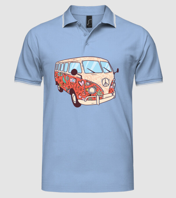 Tricou microbuz hippi retro model albastru deschis pe tricou