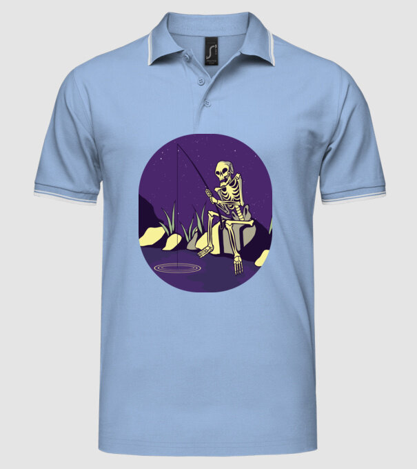 Schelet pescar model albastru deschis pe tricou