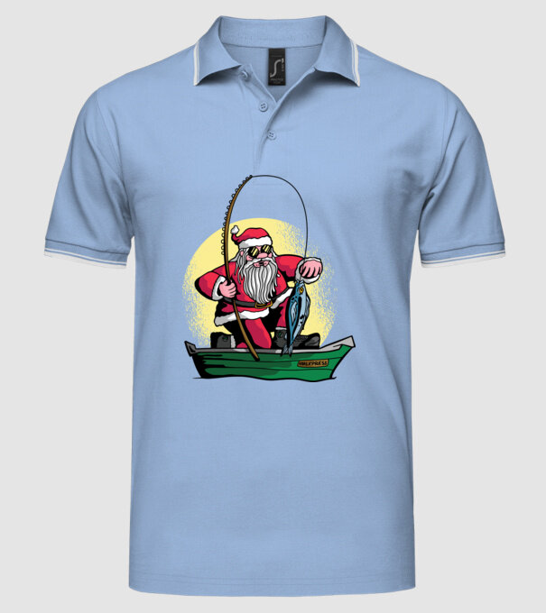 Moș Crăciun pescar model albastru deschis pe tricou
