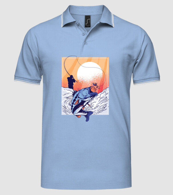 Tricou Pescar Retro model albastru deschis pe tricou