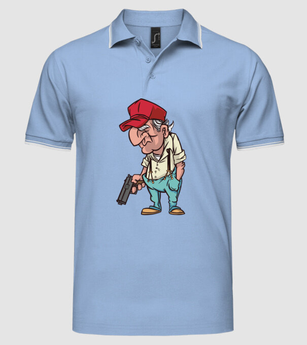 Bătrân cu armă model albastru deschis pe tricou