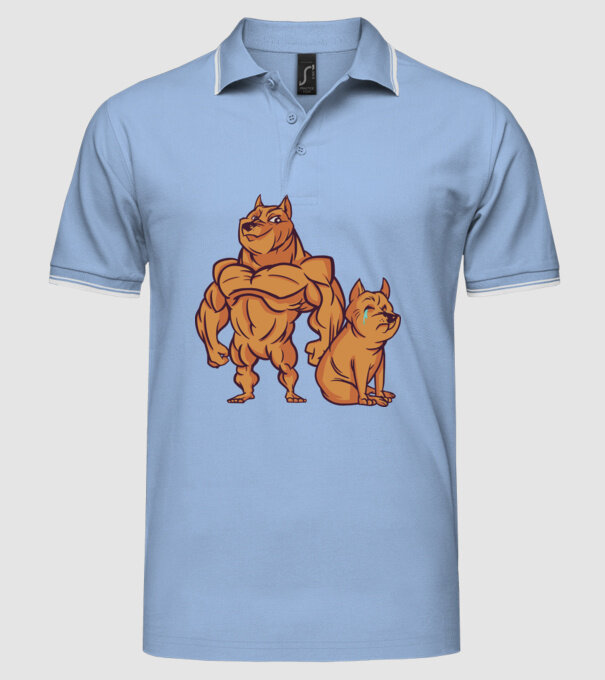 Câine musculos model albastru deschis pe tricou