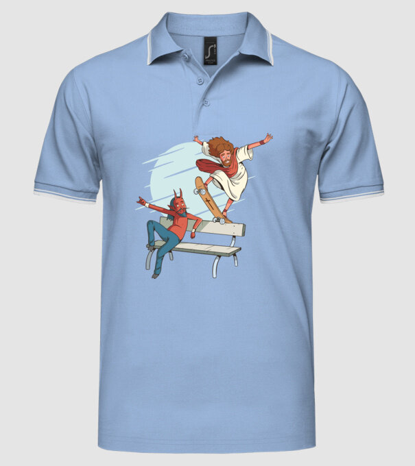 Isus Skateboarding model albastru deschis pe tricou