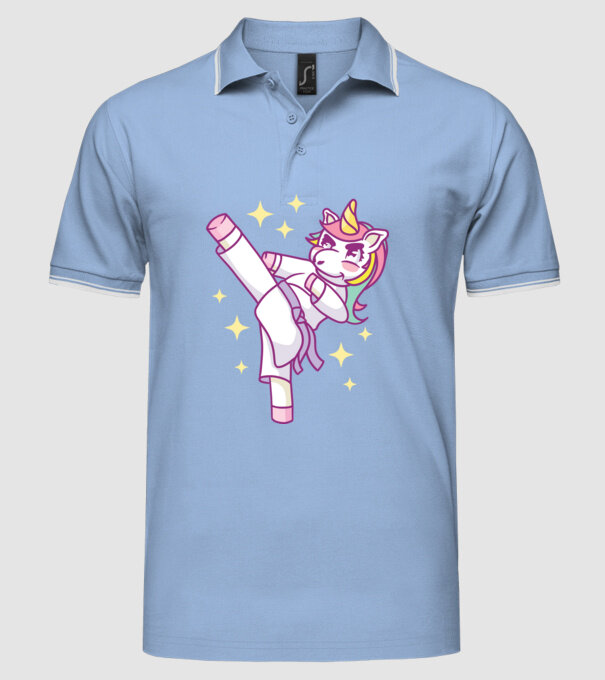 Karate unicorn model albastru deschis pe tricou