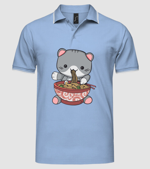 Pisică Kawaii Ramen model albastru deschis pe tricou
