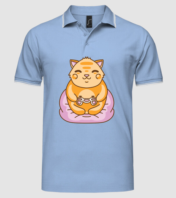 Pisică Gamer Kawaii model albastru deschis pe tricou