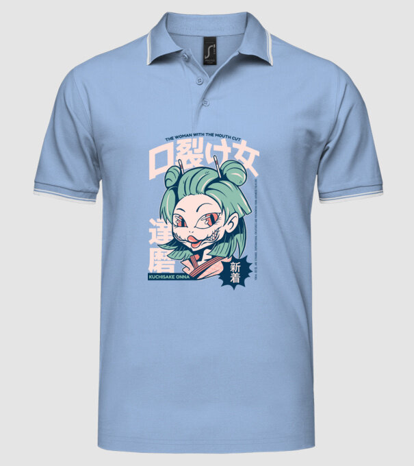 Kuchisake Onna Yokai Anime model albastru deschis pe tricou