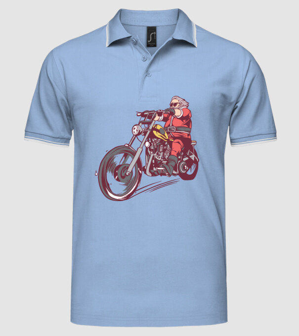 Moș Crăciun motociclist model albastru deschis pe tricou