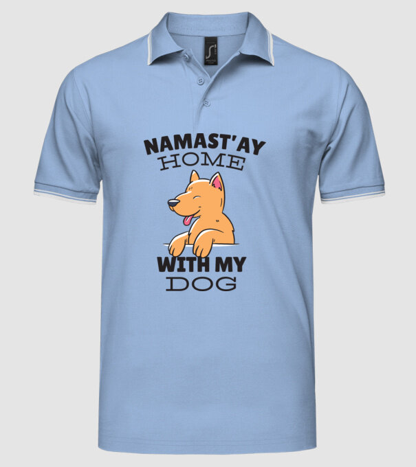'Namast''ay Home with my Dog -Yoga Carantină' model albastru deschis pe tricou