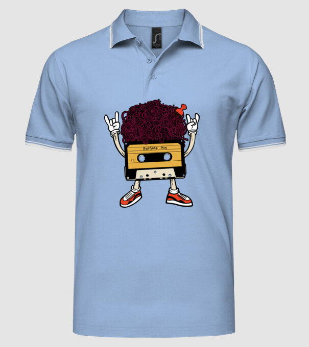Casetă retro cu păr afro model albastru deschis pe tricou