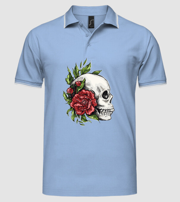Trandafiri și craniu model albastru deschis pe tricou