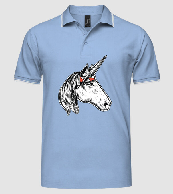 Cal Unicorn model albastru deschis pe tricou
