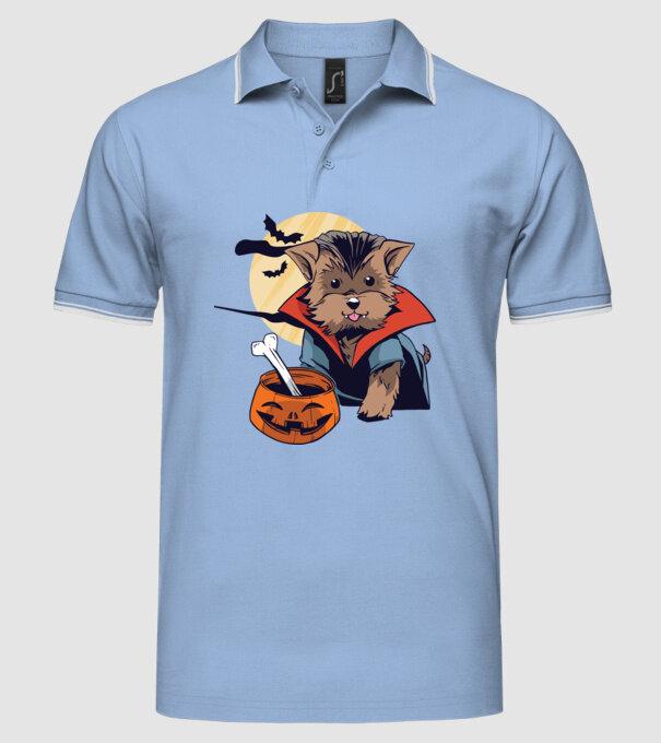 Vampir Yorkie Halloween model albastru deschis pe tricou