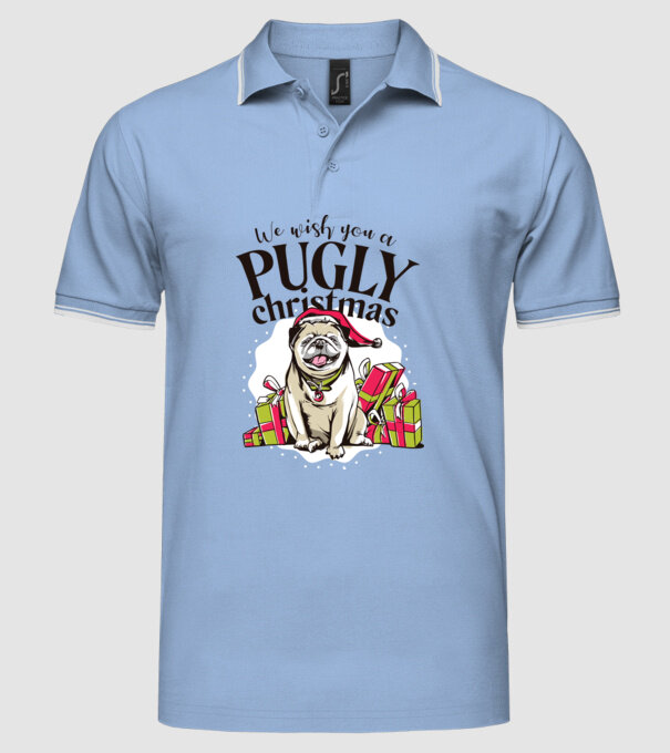 We wish You a Pugly Christmas tricou cu mops model albastru deschis pe tricou