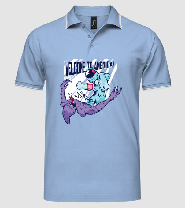 Welcome To America model albastru deschis pe tricou