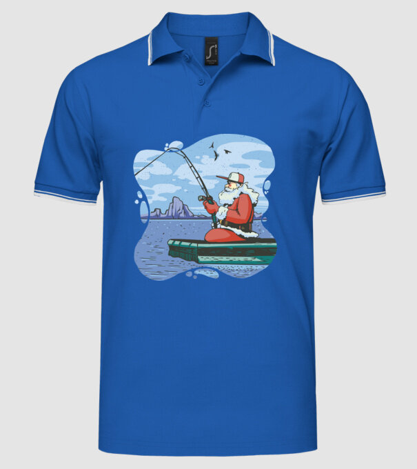 Moș Crăciun la pescuit model albastru regal pe tricou