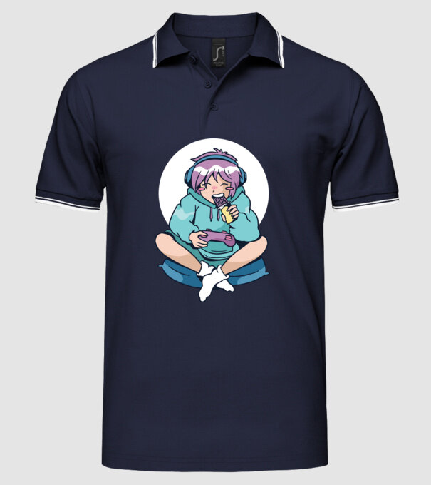 Anime Gamer Fată cu ciocolată model albastru închis pe tricou