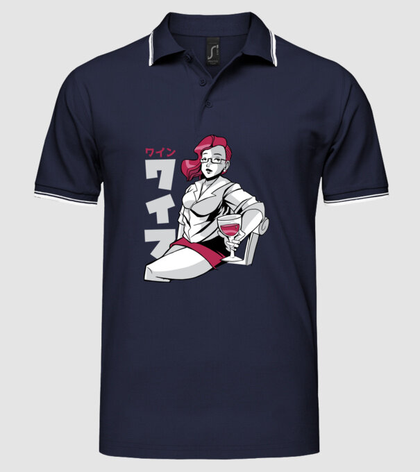 Anime fată cu vin model albastru închis pe tricou