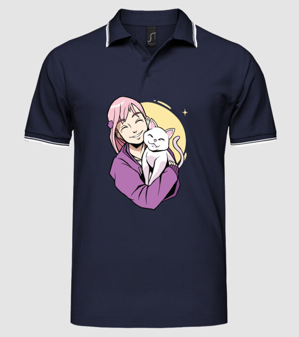 Anime fată cu pisică model albastru închis pe tricou