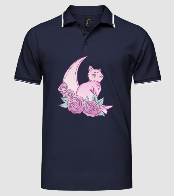 Pisică pe lună model albastru închis pe tricou