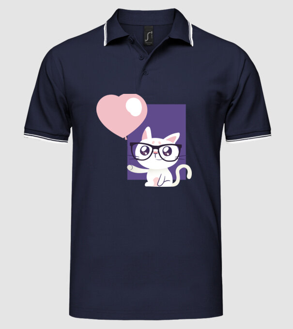 Inimă Pisică cu balon model albastru închis pe tricou