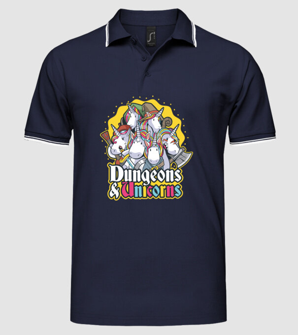 Dungeons and Unicorns model albastru închis pe tricou