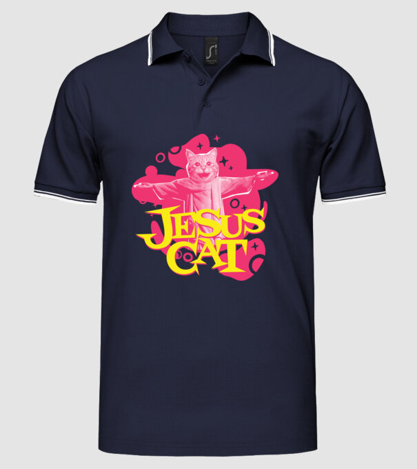 Jesus Cat model albastru închis pe tricou
