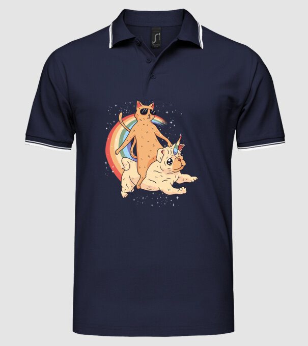 Pisică și Mops unicorn model albastru închis pe tricou