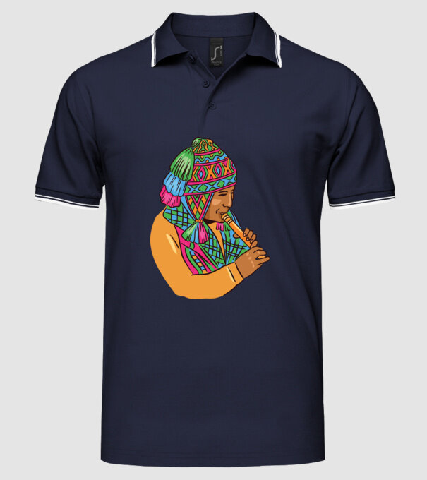 Muzician peruan indigen model albastru închis pe tricou
