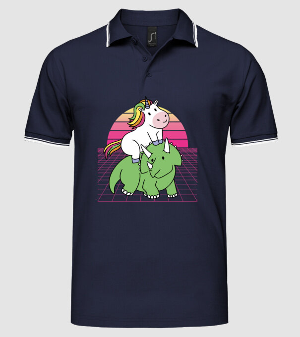 Unicorn pe dinozaur retro model albastru închis pe tricou