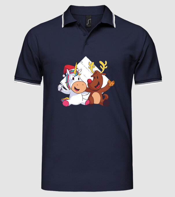Unicorn și Ren prietenie tricou drăguț de Crăciun model albastru închis pe tricou