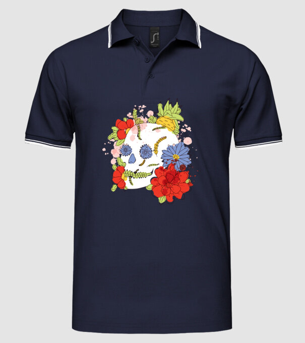 Craniu cu Flori model albastru închis pe tricou