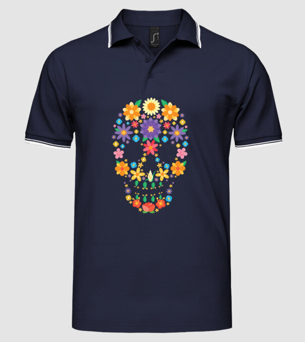 Craniu cu Flori model albastru închis pe tricou