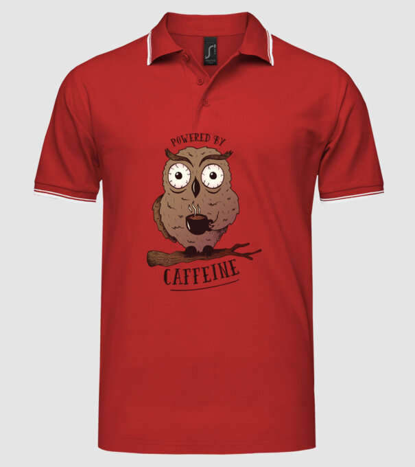 Powered by Caffeine - Tricou cu bufniță și energie de cafeină model roșu pe tricou