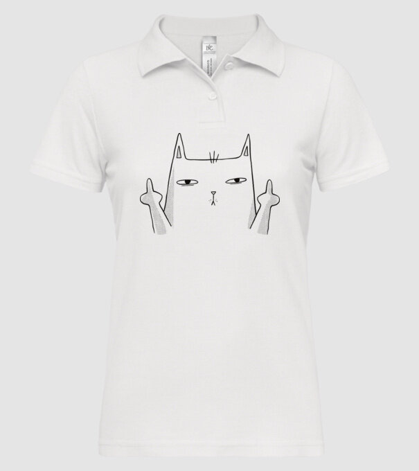 Pisică desen arată degetul model alb pe tricou