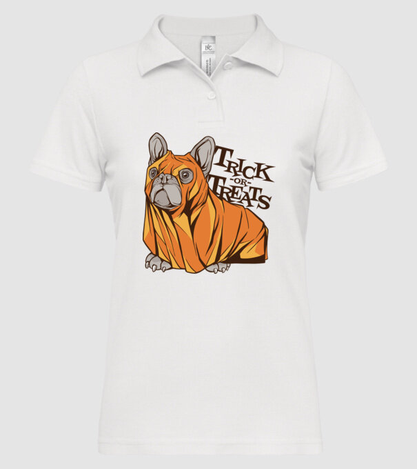 Trick or Treat Mops Halloween model alb pe tricou